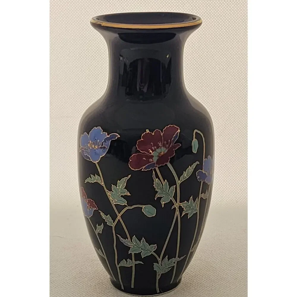 Japanese Black Floral Vase Gold Trim Poppy Design 6